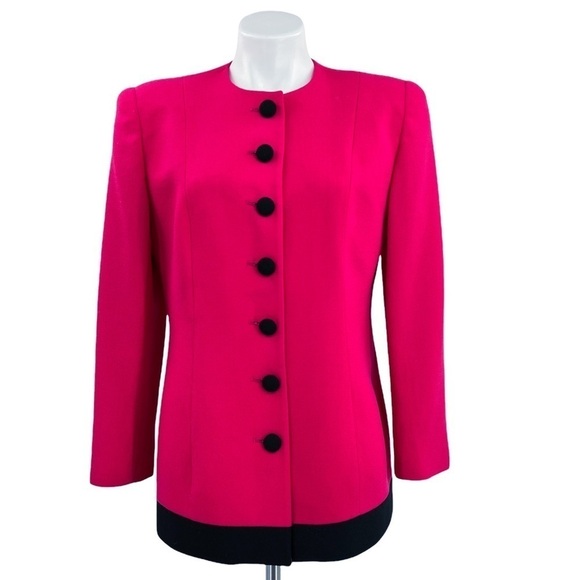CHRISTIAN DIOR Vintage Button Down Blazer Fuschia & Black Trim Size 10P - Picture 1 of 8